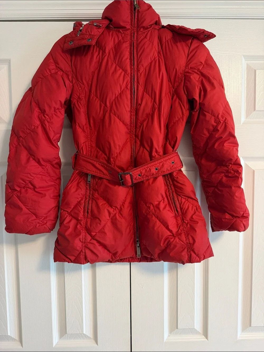 Burberry London Women’s XS Red Hooded Puffer Jacket Belted Double Zip